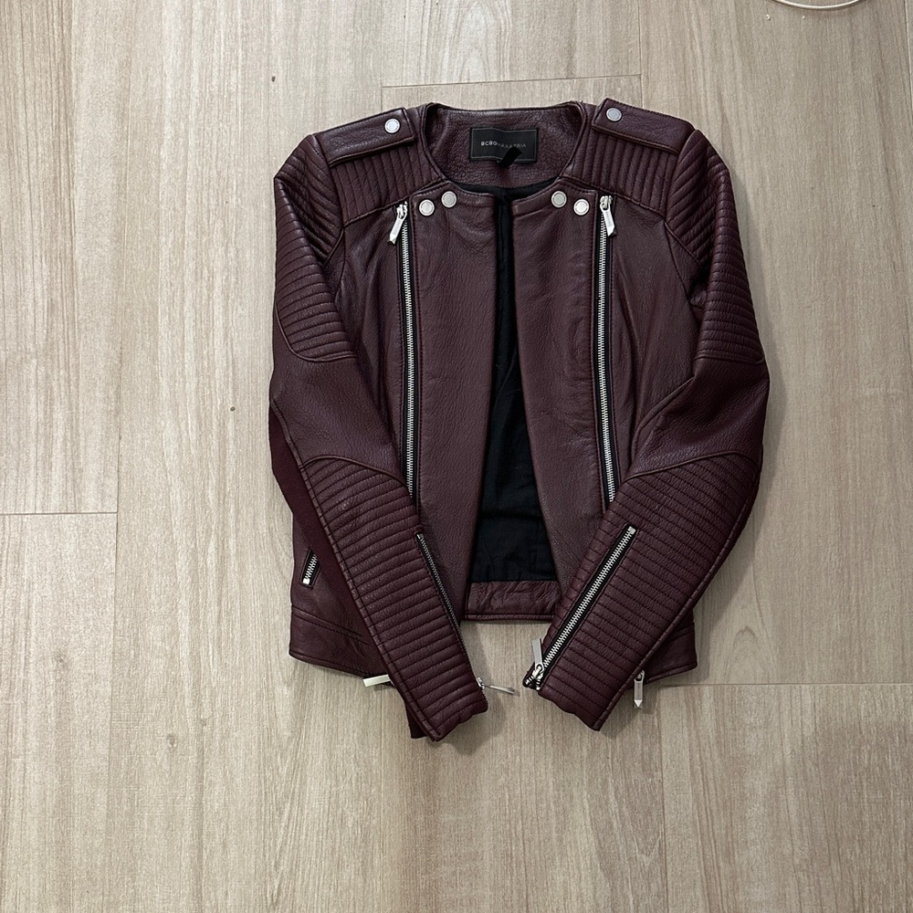 BCBGMaxAzria Burgundy Leather Jacket with Silver Accents